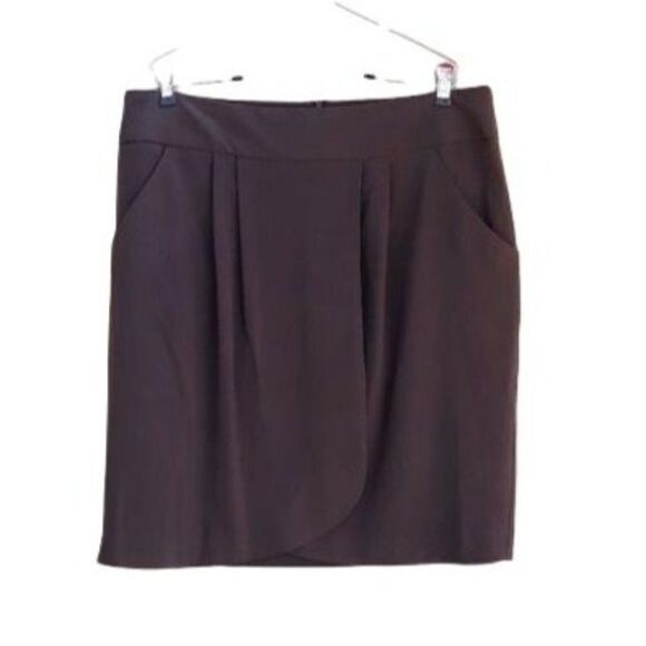 Larry Levine Skirt Stretch Mock Wrap Pockets Brown - Picture 1 of 7